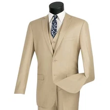 VINCI Men's Beige 3-Piece 2-Button Slim Suit w/ Matching Vest - NEW