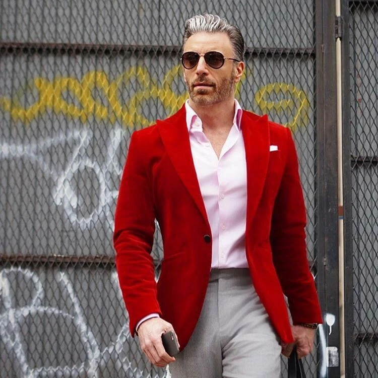 Men Red Smoking Jackets Designer Wedding Grooms Dinner Casual Blazer Coat