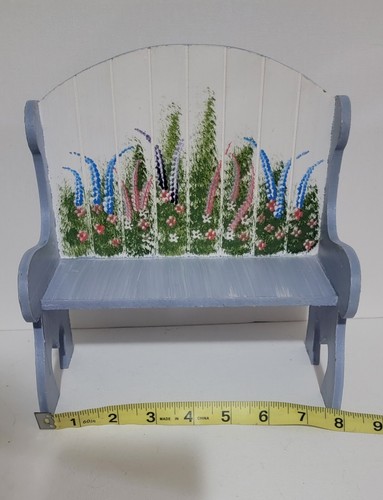 Folk Art Small Blue Floral Wood Doll Garden Bench Flower Pot Holder - Picture 2 of 4