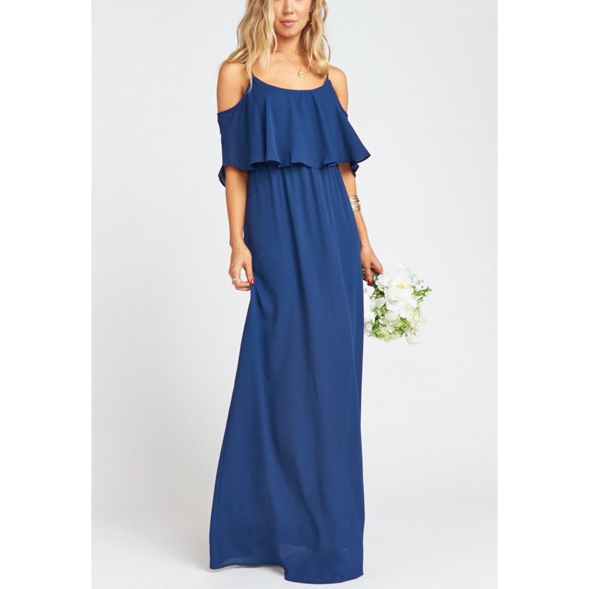 maxi dress ruffle bottom Esmerelda Ruffle Open Slit Satin Maxi Dress Shop American Threads Women's Trendy Online Boutique White / M