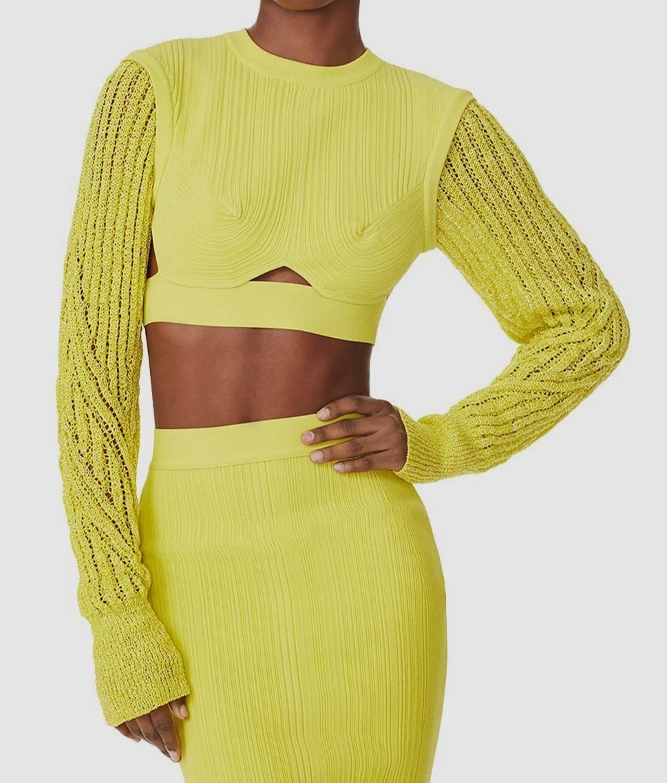 $990 Herve Leger Women's Green Mixed Gauge Variegated Rib Crop Top Size XS