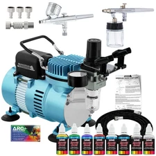 2 Master Airbrush Air Compressor Kit, 6 Primary Opaque Acrylic Paint Colors Set