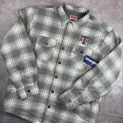 Texas A&M Aggies Wrangler Shacket Mens L Gray Plaid Fleece Lined Jacket NEW