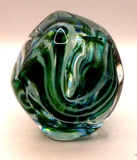 Spencer Art Glass Dichroic Green Blue Nebulous Free Form Paperweight Sign SE97