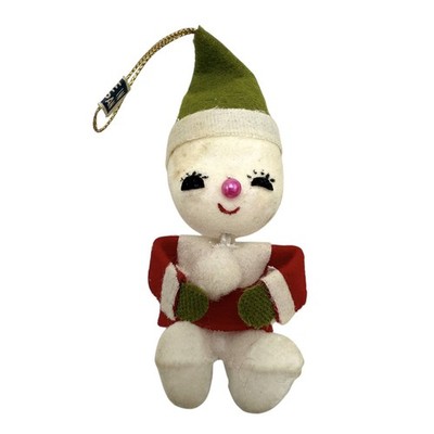 Vintage Flocked Felted Snow Baby Green Hat Christmas Ornament Made in Japan