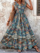 New XXL US Size 14 Floral Maxi Dress Short Sleeve V-Neck Free Ship