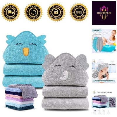 2 Pack Bamboo Rayon Hooded Baby Towels & 8 Washcloths - Adorable Elephant & Bird