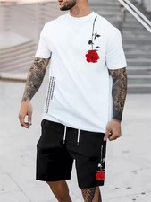 Herren Polo Set Kurze &Auml;rmel Hose 2-teilig Blumen Rose Sommer Freizeit