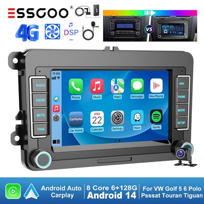 7'' DAB+ 4G Android 14 CarPlay Autoradio GPS Kam Für VW GOLF 5 Plus Touran 6+128G