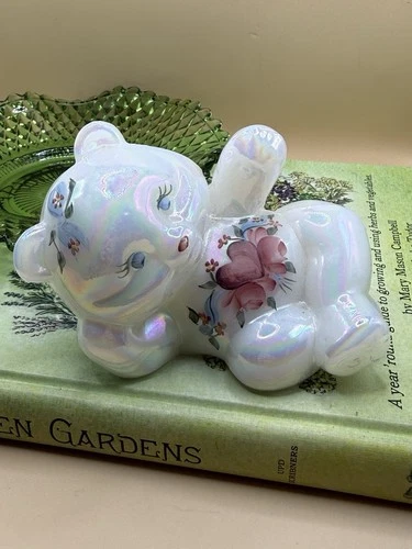 Fenton Hand Painted Iridescent Glass Bear Figurine Floral Signed C. Smith