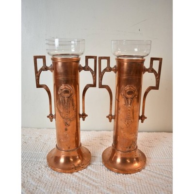 Beldray England Art Nouveau Double Handle Vases with (Rare) Glass Insert