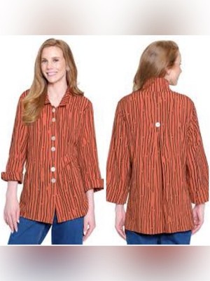 Ali Miles Salmon Peach Orange Black Striped Button-Front Top
