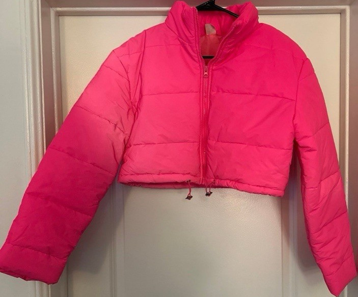 iHeartRaves Girls Pink Cropped Puffer Jacket Full Zip Padded Size S