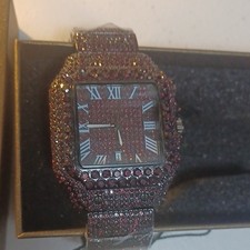 Purple/Dark Red Pavé Rhinestone Square Analog Quartz Watch Roman Numerals Date