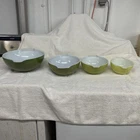 Four PYREX Verde Green Cinderella Nesting Bowl Set Vintage Mixing Bowls Kitchen