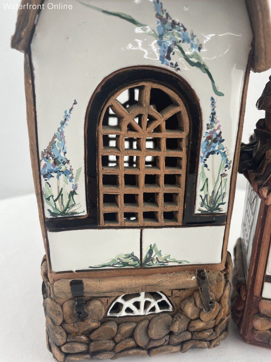 Ceramic House Tea Light Candle Holders Handmade Clay Fantasy Fairy House Set