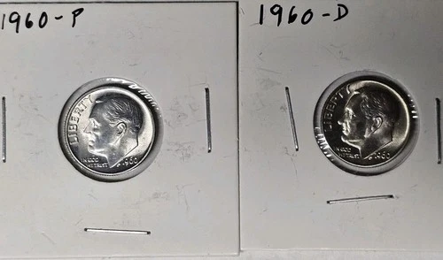 1960-P&D Dimes in Mint Cello - Pair of bright BU silver coins.