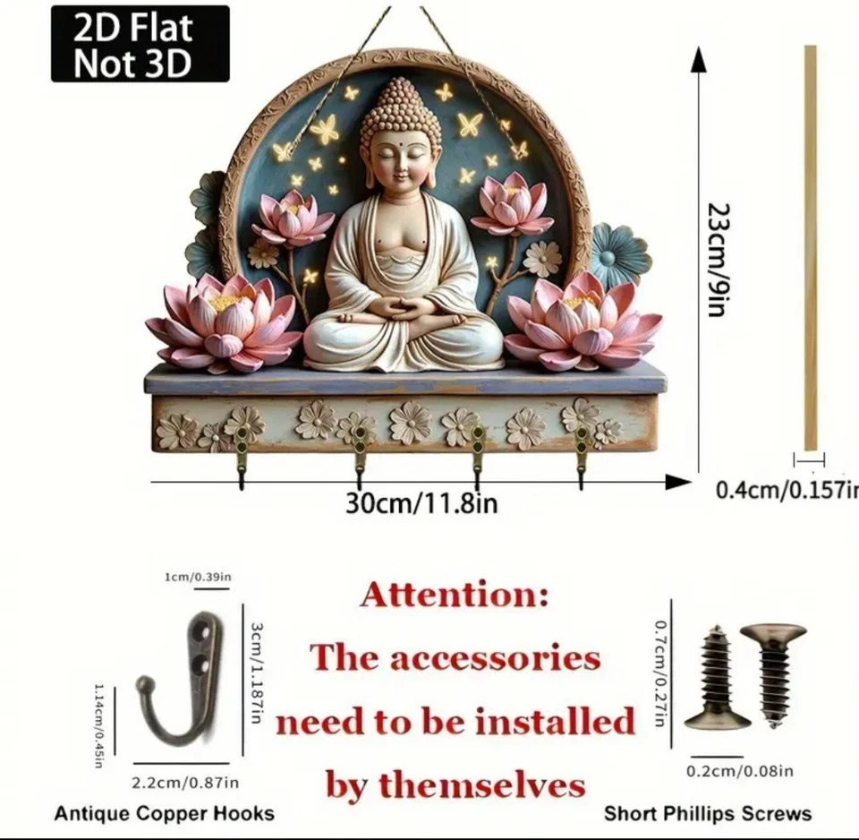 PORTACHIAVI DA PARETE BUDDHA ZEN FIORE DI LOTO MEDITAZIONE RINASCITA SPIRITUALE - Immagine 4 di 4