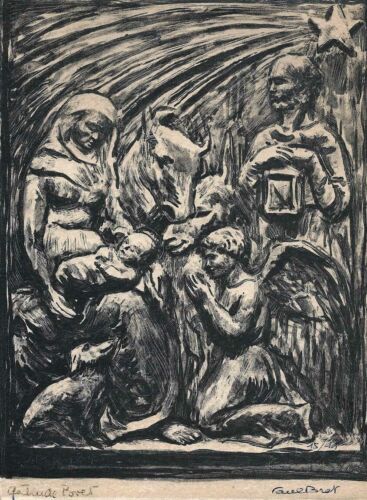 Paul Bret, lithograph. Nativity with angel and dog c1955