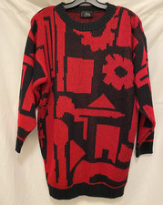 Vintage 80s Knit Sweater Color Charms Red and Black Size Medium