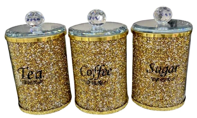Tea Coffee Sugar Canister Jar Set Gold Crushed Diamond Bling Gift