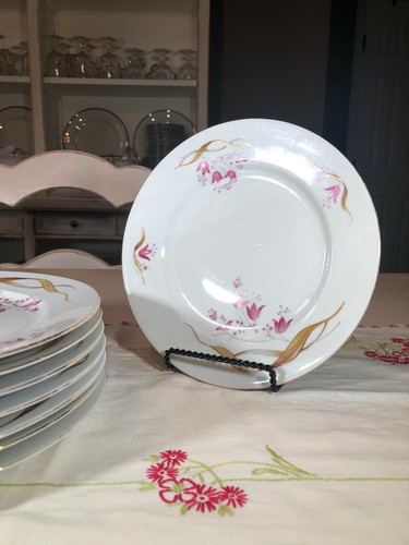 Vintage Eschenbach Pink Flowers/Brown Leaves Salad Plates, Set of 8, Bavaria - Picture 2 of 9