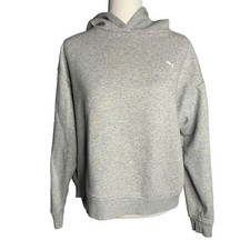 Puma Cropped Logo Hoodie Sweatshirt M Grey Fleece Spellout Long Sleeve Oversized