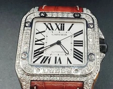 Cartier Mens Santos 100 XL Diamond Watch  Original Leather Band 