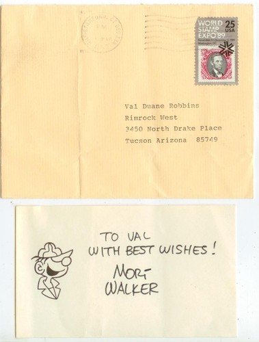 1989 Mort Walker handsignierte Karte - Käfer Bailey Comic - mit Versandcover