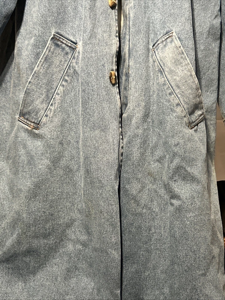 Vintage 90s Denim Trench Coat Duster Retro Grunge Y2K M Accents On Outerwear - Image 2 of 4