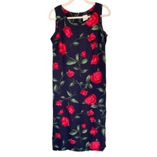 1990s Vintage Rose Print Sleeveless Midi Dress Cottagecore