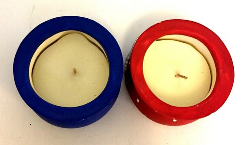 Set Of 2 Charlie Zabarte Funky Snowman Ceramic Candle Jars Christmas Blue & Red - Picture 4 of 12