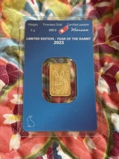 2023 ARGOR HERAEUS 5 Gram Gold Bar Year of Rabbit 999.9 Fine 1908/8888 - Sealed