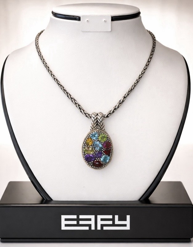 Effy 925 Sterliing Silver & 18K YG Multi Gemstone Ladies Pendant, 3.85 TCW Gift