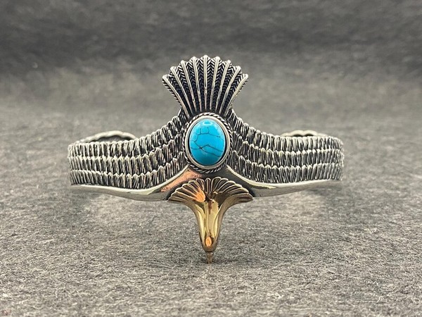 Alternate view of Handcrafted Silver Eagle Cuff Bracelet Turquoise Gold Plated Eagle Head