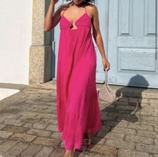 Maxi abito donna Zara rosa fucsia brillante voluminoso chiffon bustier ritaglio nuovo M