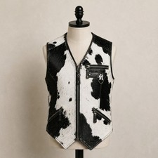 Black  White Hair-On Cowhide Zip-Front Western Vest