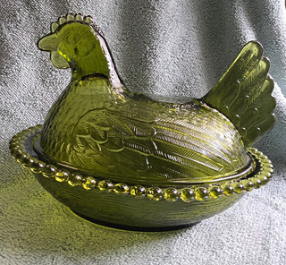 Indiana Glass Olive Green 7 Inch Hen On Nest Vintage