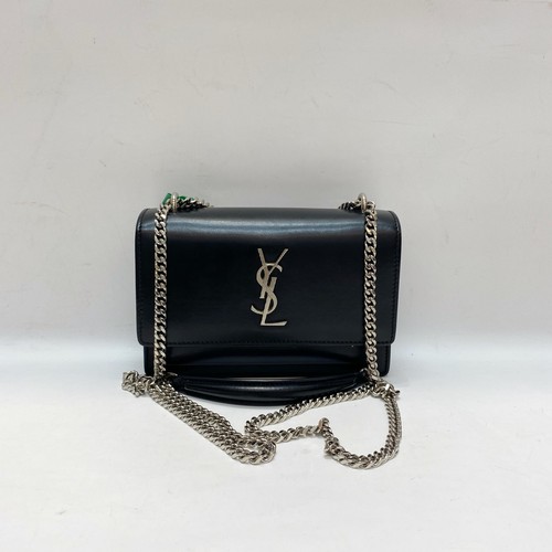 Preloved YSL Saint Laurent Sunset Mini Black Shiny Calfskin Flap Crossbody