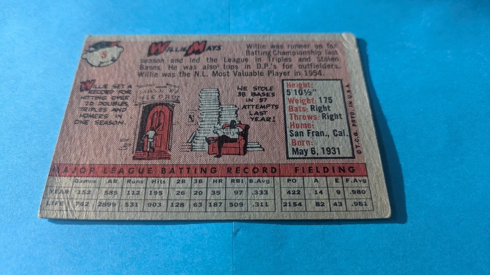 1958 Topps #5 Willie Mays Gigantes de San Francisco Salón de la fama Foto 4 de 4