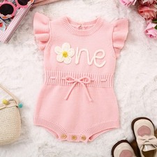 Baby Girl Flounced Sleeve Letters Flower Embroidery Lace Button Romper