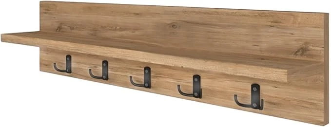 Wall Mounted Coat Rack 80cm Pine Shelf 5 Hooks Floating Storage Rail - Image 3 of 4