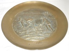 VINTAGE BRONZE BRASS HEAVY EMBOSSED DECORATIVE PLATE FARMER PLOWING W/OXEN