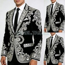 Rhinestones Beaded Men's Suit Attire For Wedding 2 Pieces Sets Groom Tuxedos