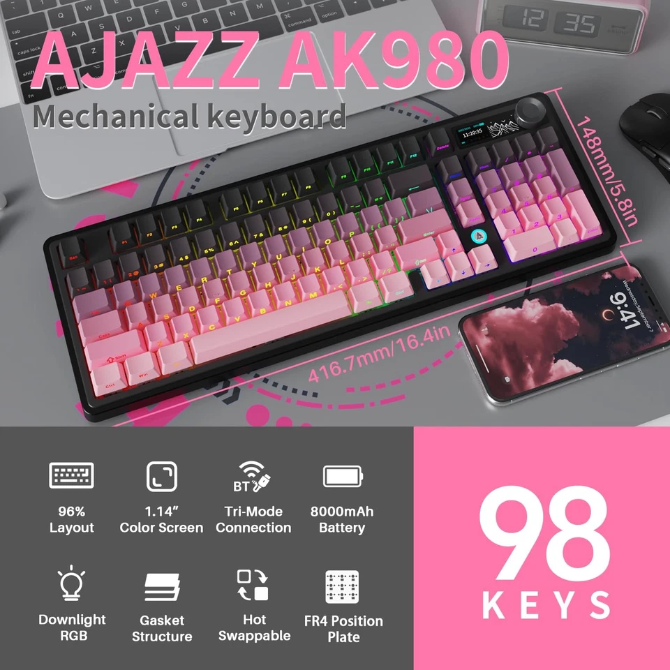 Ajazz AK980 Pink Gaming Machanical Keyboard Gift Switch Full Size RGB Gasket ... - Image 2 of 4