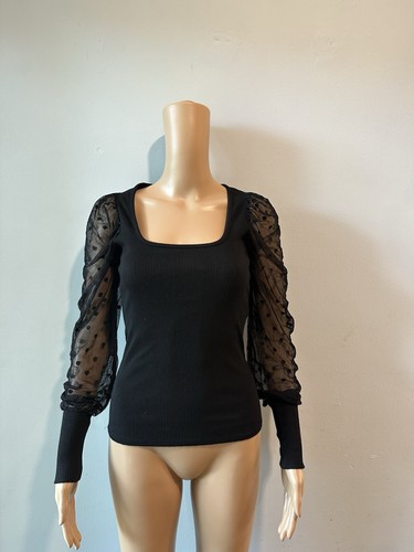 AMI, Mi Ami black ribbed top features sheer polka-dot mesh sleeves square neckline