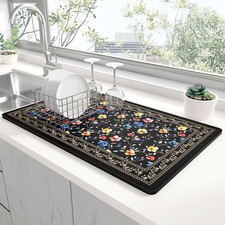 Dish Drying Mat Kitchen Counter Flower Theme Coffee Bar Pad Retro 12x19 Inch