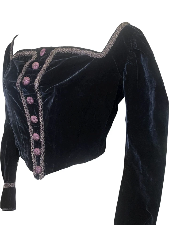 Vintage Black Velvet Edwardian Top Corset Braided Trim Button Detail - Image 2 of 4