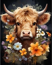 Rousp DIY 5D Diamond Art Kits for Adults Highland Cow flowers cow 