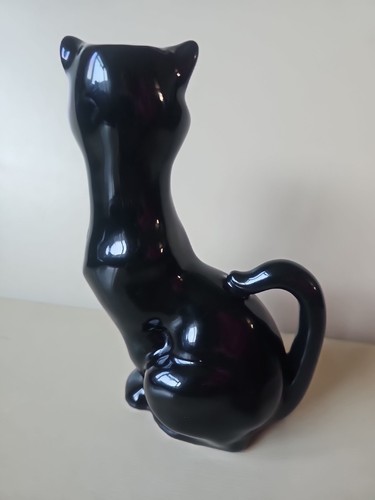 Black Cat Ceramic Candle Stick Holder Glazed Sleek Cat Sitting 16cm Tall - Picture 3 of 8